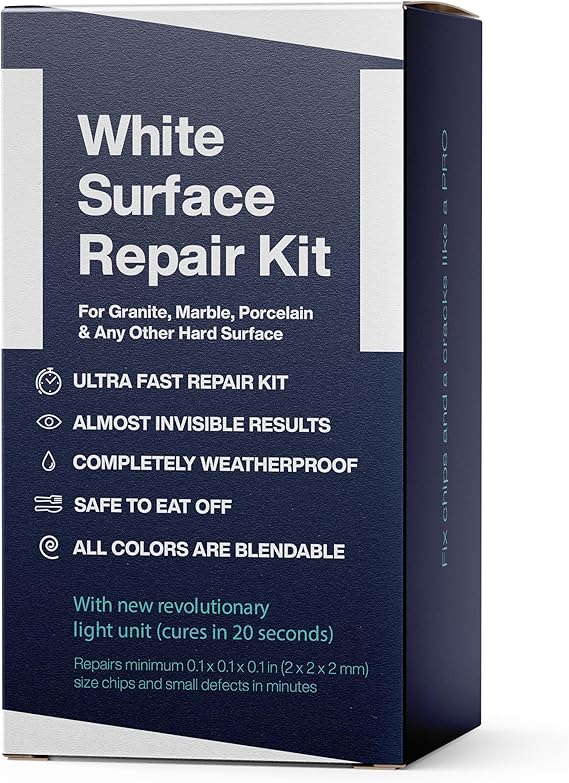 Quartz Countertop Repair Kit (Clear, White Acrylic & Dark White Color) - Ideal as Tile, Fiberglass, Bathtub, Ceramic Repair Kit I Works Great for Granite, Marble, Porcelain & Corian Surfaces
