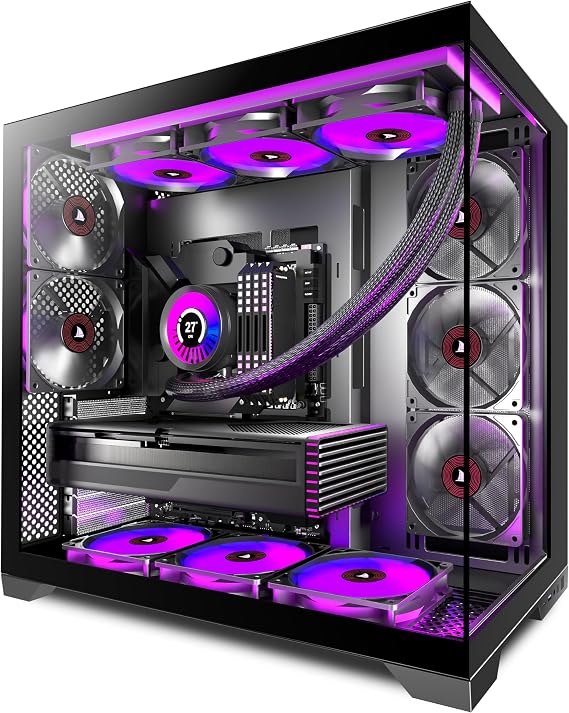 KEDIERS PC CASE ATX 5 Fans Pre-Installed, Type-C Mid Tower Computer Case with Full-View Dual Tempered Glass, Gaming PC Case,420mm Radiator Support,Black,K4(MAX)
