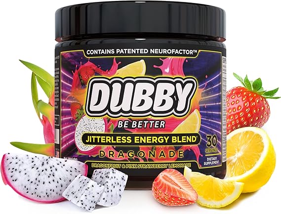 Dubby - Gamer Energy Drink Powder for Gaming - Sugar Free Energy Drinks, Nootropics Jitter-Free Natural Energy Powder, Dragon Fruit Pink Strawberry Lemonade Flavor, 30 Serving, 5.61 Ounces (Dragonade)