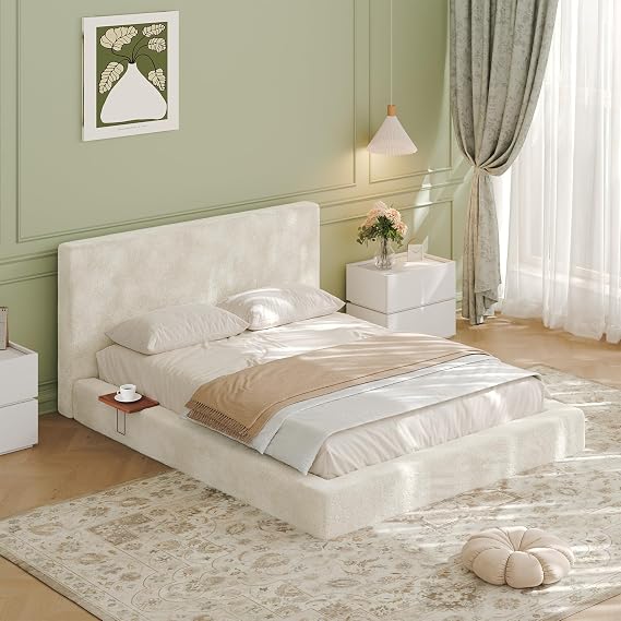 Queen Cloud Bed Frame with Headboard & Sliding Side Trays, Upholstered Platform Bed Frame with Floating Base Design, 5"Cloud Upholstered Sponge Cushion, No Box Spring Needed, Off-White Soft Bed Frame