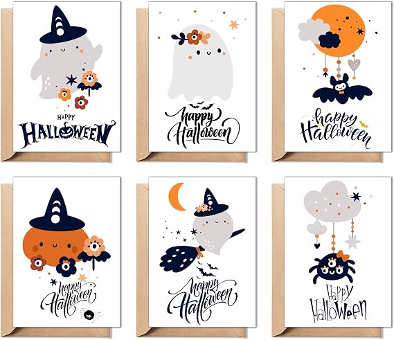 Halloween Cards for Kids, 6 Folded 5x7 Greeting Cards with Envelopes