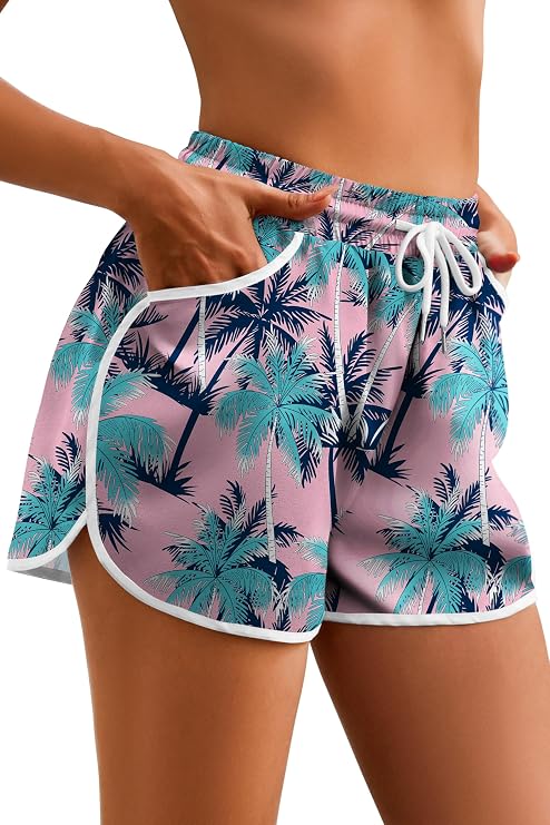 Women's Drawstring Board Shorts Floral Beach Swim Trunks Shorts