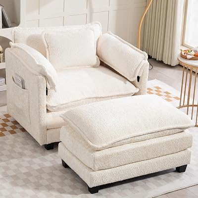 KEIKI Boucle Accent Chair with Storage & Ottoman, Oversized Reading Arm Chair wDouble Cushion, Modern Side Deep Seating Chairs Set, Corner Comfy Lounge Armchair for Living Room, Bedroom, White
