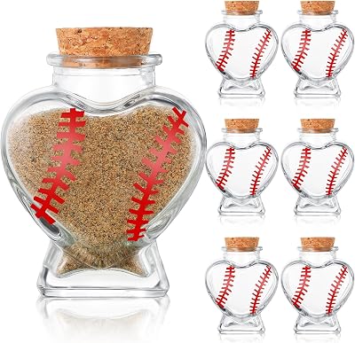 6 Pcs Baseball Dirt Keepsake Jar, 2026 Baseball Senior Night Gifts Dirt Jars, 1.57 x 3.15 Inch 1.7 oz Sports Heart Shaped Glass Bottle with Cork Stoppers for Team Coach Player Party Favors