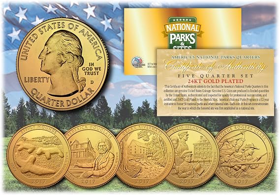 Merrick Mint 2017 America The Beautiful 24K Gold Plated Quarters Parks 5-Coin Set w/Capsules