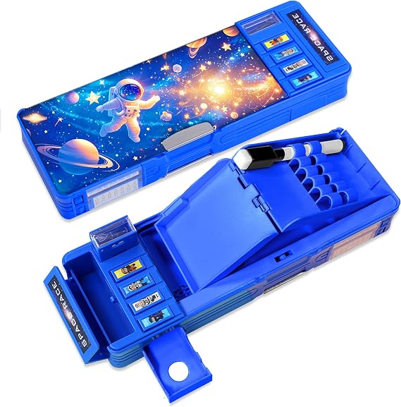 Pop Up Multifunction Pencil Case for Girls and Boys, Cute Cartoon Pen Box Organizer Stationery, Sharpener, Schedule, Whiteboard, School Supplies, Best Gifts for Kids (Blue Space)