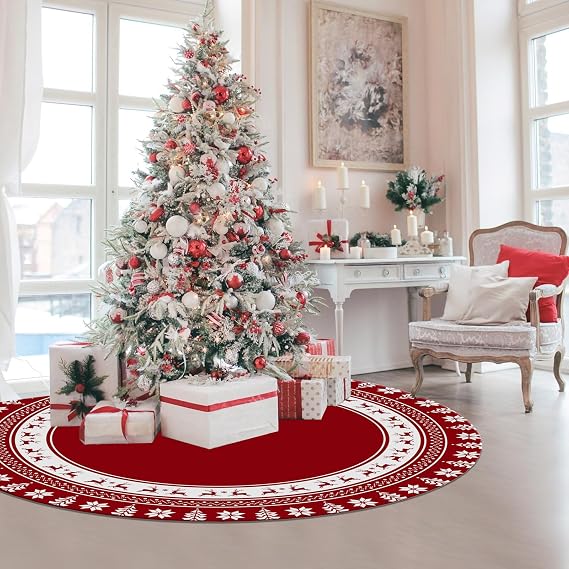 58 Inch Christmas Tree Skirt,Large Christmas Tree Skirt with Snowflake and Reindeer, pefect for Holiday Party Decor, Christmas Tree Decoration