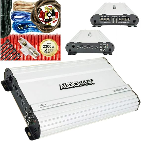 Audiobank P3001 Monoblock 3000 Watts Peak Power Class AB Car Audio Amplifier with Remote Subwoofer Control +Complete 4 Gauge Amplifier Installation Wiring Kit