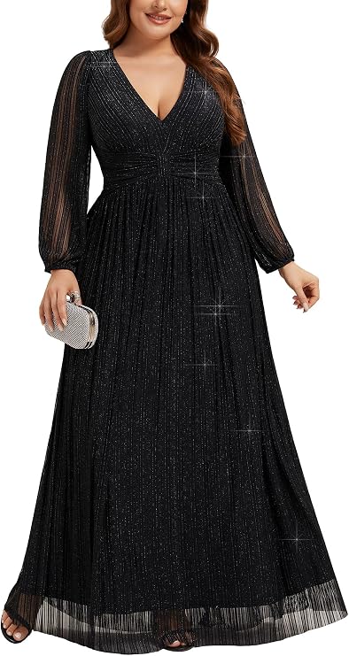Ever-Pretty Women's Glitter Long Sleeves Plus Size Formal Dresses for Curvy Women Winter New Year Dress