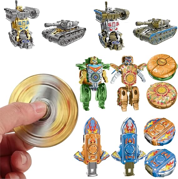 6Pcs Transformable Fidget Spinner Set, 3 Style Deformable Finger Gyros (Tank/Robot, Sword, Pizza/Robot), Dual-Mode Sensory Desk Toys for Focus, Quiet Pocket Gadgets for Adults & Teens