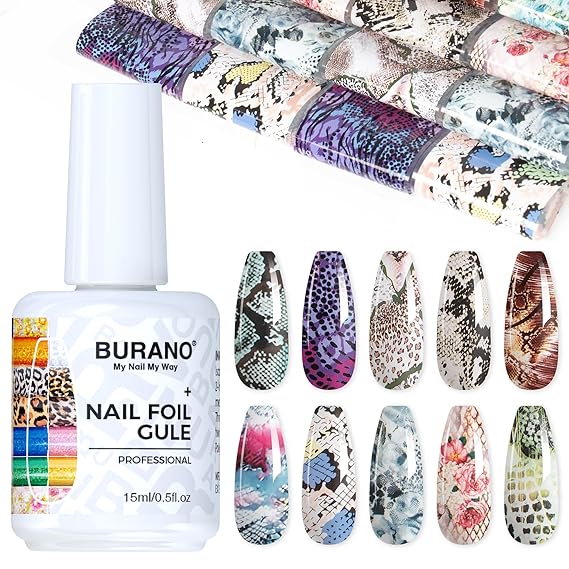 BURANO Nail Art Nail Foil Glue Gel, o.5 oz with 10PCS Foil Stickers Set Nail Foil Glue for Nails Foil Transfer Gel, Nail Design DIY UV LED Lamp Required (Animal 29)
