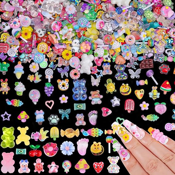 250pcs Kawaii 3D Candy Nail Charms Kit,Y2K Cartoon Gummy Bear Bees Fruit Pineapple Sweet Candy Lollipop Donut Ice Cream Cute Heart Star Bows Mixed Colors Jewelry Nail Embellishments for Nail Art Craft