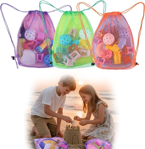 lasuroa 3pcs Beach Toy Bags, Mesh Drawstring Backpack for Sand Toys Seashell Lightweight Durable Kids Shell Collecting Bag for Sandbox Vacation Essentials Outdoor Play (3 Colors)