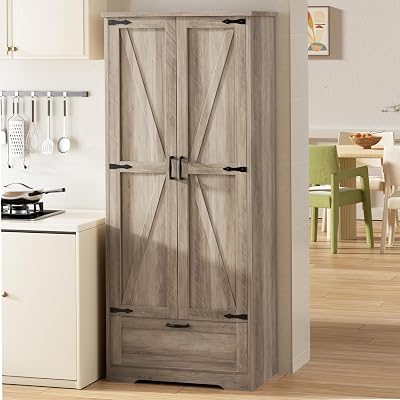 Shintenchi Kitchen Pantry Cabinet, Freestanding Farmhouse Storage Cabinet with 4 Shelves and 1 Drawer, Tall Cupboard for Kitchen, Living Room, Dining Room and Bathroom, Ash Gray