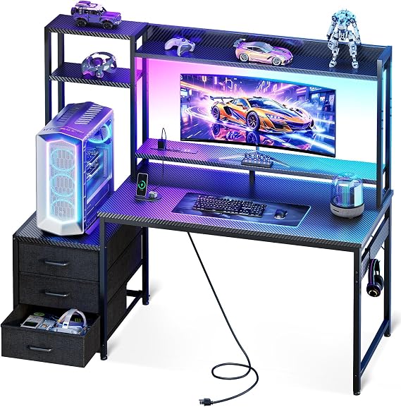 Casaottima 48 Inch Gaming Desk with Shelves & 3 Drawers & LED Light & Hutch