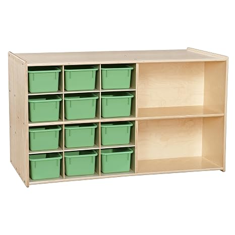 Contender Multi Storage Island with 12 Lime Green Trays, 3 Full Length Shelf, Toy Organizer, for Kids, Classroom, Day Care, Preschool, in Natural Finish