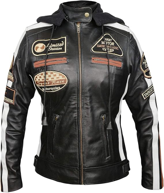 Ladies Retro Biker Badges Logos Genuine Leather Padded Motorcycle Gear Jacket with Armor