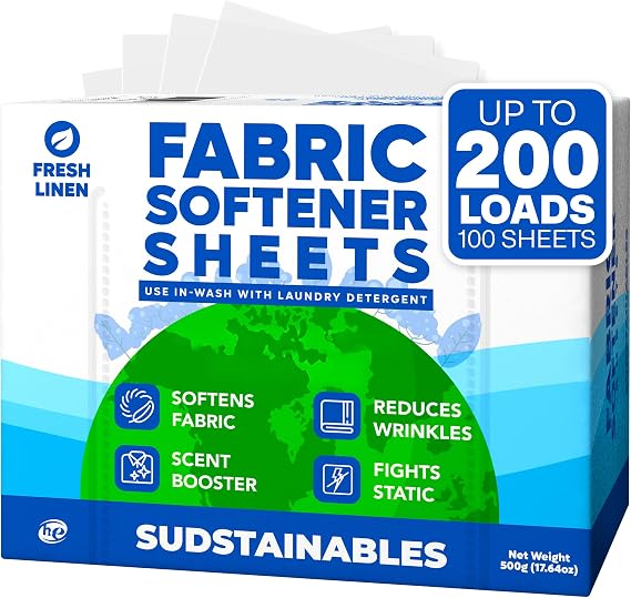 Sudstainables Fabric Softener Sheets, Fresh Linen Scent, 200 Loads | Softens fabrics, reduces static cling and wrinkles, compatible with all washing machines and dryers.