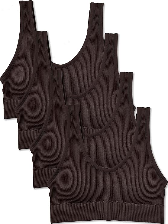 Kalon Women's 4 Pack Ribbed Bralette Crop Top Comfort Sports Bra