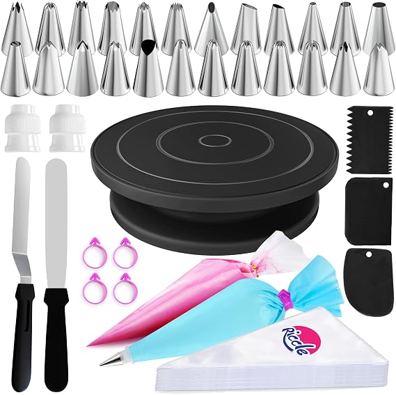 Riccle 88 pc Cake Decorating Kit & Cake Turntable -Piping Bags and Tips Set