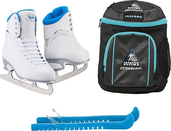 Jackson Ultima Finesse JS181 / JS184 Figure Girls Ice Skates Bundle with Guardog Skate Guards, Jackson Skate Backpack - Improved, JUST LAUNCHED 2022