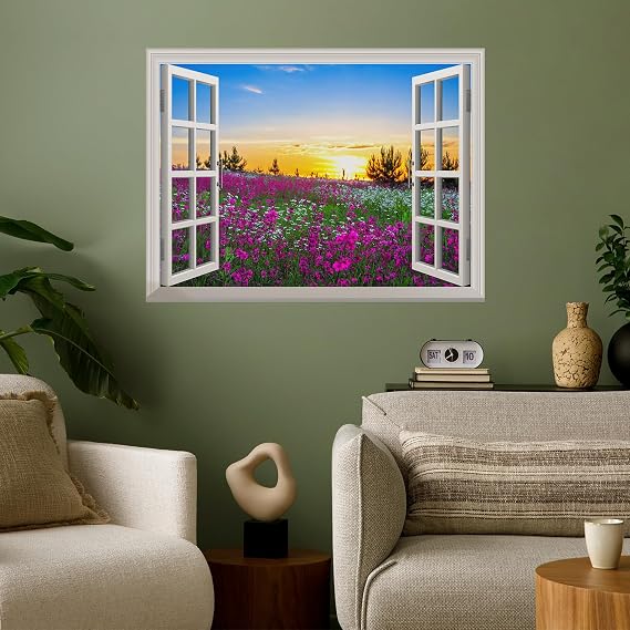 wall26 Removable Wall Sticker/Wall Mural - Beautiful Summer Sunrise Over a Blossoming Meadow | Creative Window View Wall Decor - 24"x32"