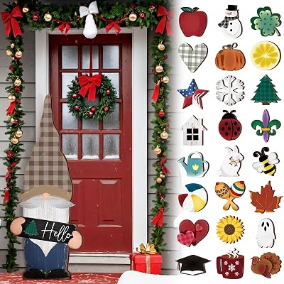 25 Pcs 32 Christmas Large Interchangeable Gnome Porch Sign Big Interchangeable Wooden Seasonal Decor Detachable Holiday Gnome Gifts Decorative Gnomes for Christmas Winter Party Decor