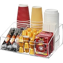 Acrylic Coffee Bar Organizer for Countertop, Cups Lids Sleeves Pods Syrups and Coffee Bar Accessories Storage Organizer Condiment Holder for Office Breakroom, Clear