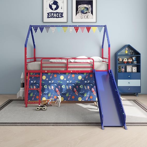 SOFTSEA Twin Size Metal House Loft Bed with Slide & Curtain, Kids Loft Bed Frame with Star Stickers & Fun Playhouse Design for Boys Girls, Blue