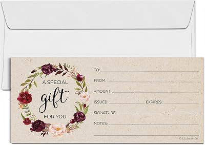 321Done Blank Gift Certificates Rustic Set of 24 with Envelopes 4x9 for Small Business, Holiday, Christmas Voucher, Spa, Salon - Floral Rose Wreath Kraft Tan