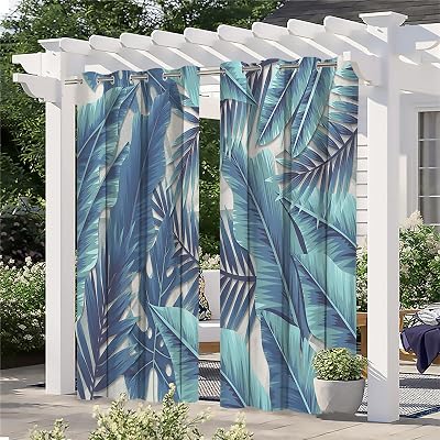 Upgraded Waterproof Outdoor Curtains for Patio Green Palm Leaves 3D Printed Fade Resistant Outdoor Blackout Curtains, Privacy Curtains for Gazebo, Pergola, Garden, 2 Panels 54 x 108 inch