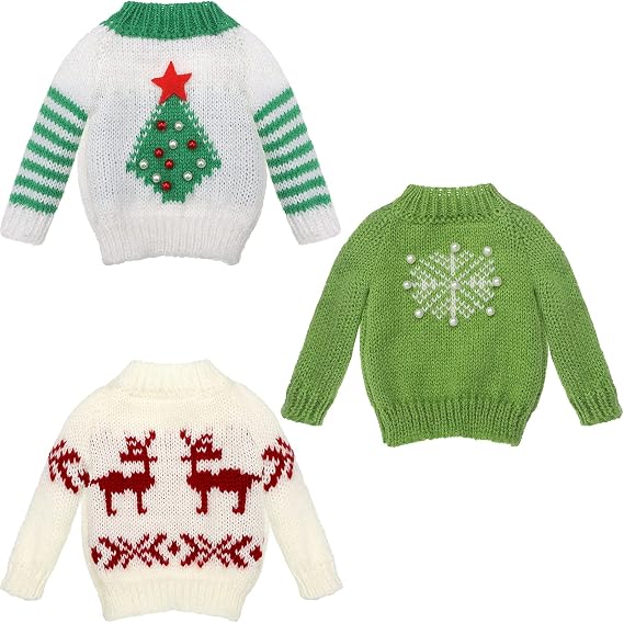 Aoriher 3 Pcs Christmas Doll Clothes Christmas Accessories Outfit Small Sweater Set Knitted Clothing Elk Xmas Santa Tree Snowflake Print Xmas Doll Accessories(Tree Style)