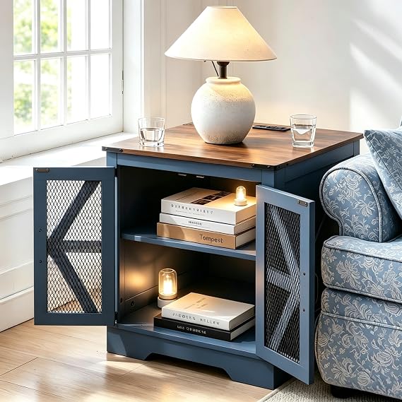 24" Farmhouse End Table Set of 2 with Charging Station and Mesh Barn Door, Rustic Wood Nightstand with Storage Shelf for Living Room & Bedroom, Navy Blue