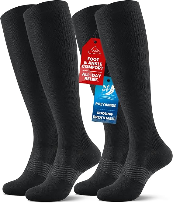 PULIOU Cooling Compression Socks for Women Men, 20-30 mmHg Circulation Knee High for Travel, Flying, Running, 2 Pairs