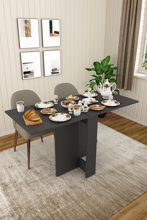 ASRA TREND Koyu Gri Desen KM-32 Ultra İnce Katlanır Masa 133x60 cm 17 cm Kapalı Genişlik 6 Kişilik Yer Tasarruflu Mutfak ve Çalışma Masası%100 MDFLAM