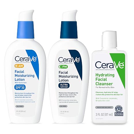 CeraVe AM Face Moisturiser with SPF PM Face Moisturiser & Hydrating Face Wash Skin Care Set Travel Size Toiletries Skin Care Routine for Morning & Night 3 oz Lotion + 3 oz Lotion + 3 oz Cleanser