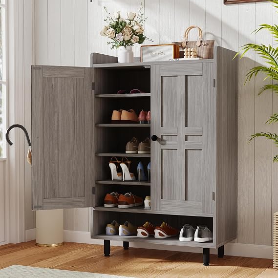 Farmhouse Shoe Cabinet with Doors, 6-Tier Wooden Shoe Organizer with Adjustable Shelves, Entryway Storage Cabinet with Metal Legs, Rustic Shoe Storage for Entryway or Living Room (Grey)