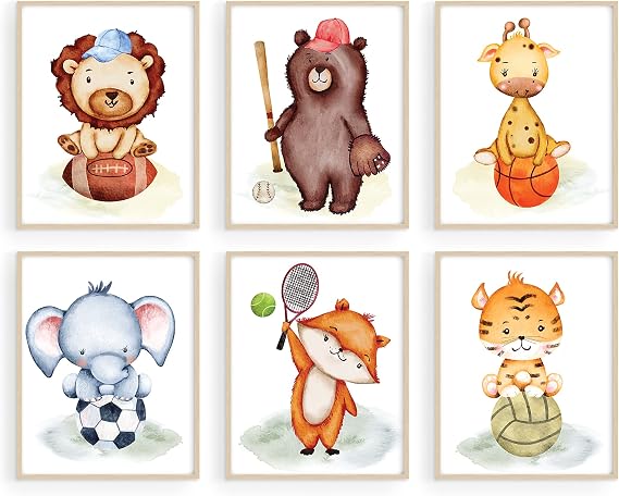 Summit Designs Safari Animal Prints Nursery - Animal Nursery Wall Art, Safari Kids Prints - Baby Decor, Boys Wall Art - Jungle Sports Themed Zoo - Set Of 6 (8x10)