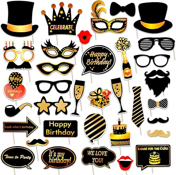 Qpout Black and Gold Photo Booth Props (35 Count) for Kids Adults Birthday Party - Funny Chic Selfie Props With Bamboo Sticks & Stickers