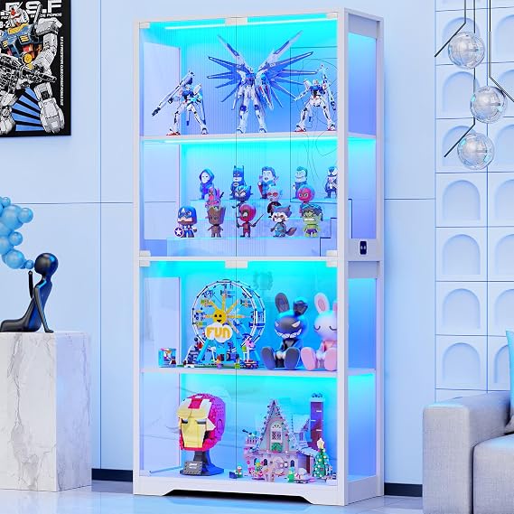BROTTAR Display Cabinets with Glass Doors & 3 Color LED Lights,4 Tier,White | Glass Display Cabinet for Collectibles,Trophy,Books,Display Curio & Bookcase Storage Cabinet for Living Room,Bedroom,Playroom