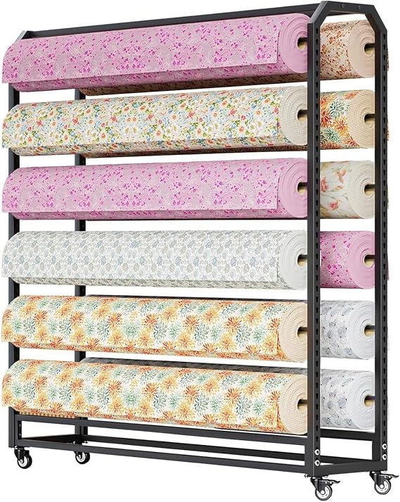 Rolling Commercial Fabric Roll Storage Rack,Commercial Textile Fabric Roll Storage Rack with Adjustable Rod, Home Textile Store Display Rack for Display Of Various,Crossbar145cm-12crossbars