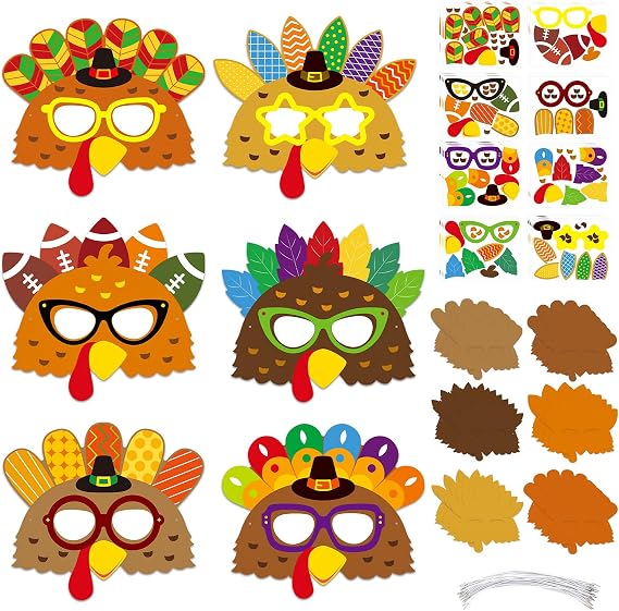 24 Sets Thanksgiving Masks Craft Kits, Paper Turkey DIY Party Mask Art Sets for Fall Thanksgiving Party Activities. (Turkey)