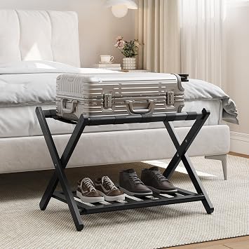 Smart FENDEE Set of 2 Fully Assembled 26.77 Dark Walnut Luggage Racks with Foldable Shoe Shelf, 5 Heavy-Duty Straps Bamboo Suitcase Stand, Luagge Holders for Guest Room Bedroom, Hotel