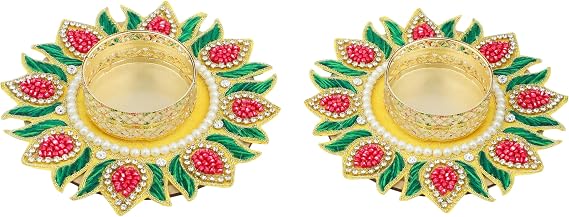 Aditri Creation Set of 2 Mat Aasan Rangoli with T-Light Candle Holder Stand for Indian Festival Gifts Decorations Made up of Golden Embrodaries for New Year Return Gifting Ideas (Size:- 4")(Yellow)