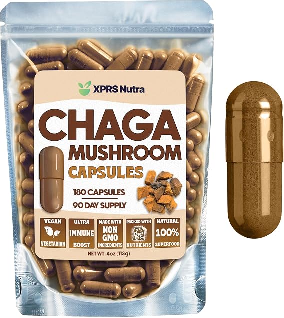 XPRS Nutra Chaga Mushroom Capsules - Premium Chaga Mushrooms Capsules- Encapsulated Chaga Mushroom Powder for an Immunity Boost - Vegan Friendly Superfood for Chaga Tea and Beverages - 180 Count