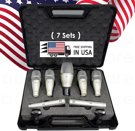 EMB KIT7 Professional 7-Piece Wired Drum Microphone Kit - Kick, Snare/Tom and Overhead Condenser Mics, XLR Connections, Mounting Clamps