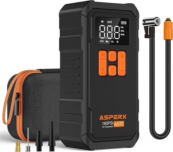 Tire Inflator Portable Air Compressor- 160PSI & 10000mAh Portable Air Pump with Carrying Case, LCD Display & LED Light, 3X Fast Inflation for Car, Bike, Motorcycle, Balls and more(Black)