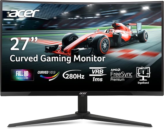 Acer Nitro 27in FHD 1920x1080 Curved 280Hz Gaming Monitor XZ270 Zbmiiphx | 1ms, AMD FreeSync Premium, sRGB 99%, 2xHDMI, DisplayPort, 1500R Curve, Ergo Stand, Speaker, VESA Mountable