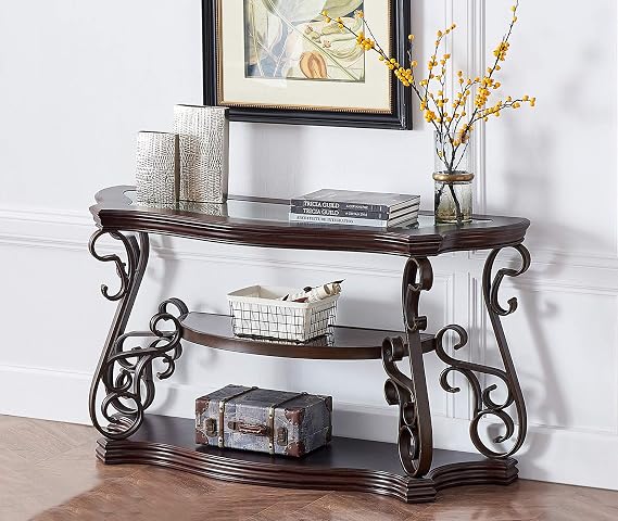 Traditional Console Table Vintage Entryway Table with Tempered Glass Top and Storage Shelves, 3-Tier Wood Accent Sofa Table for Living Room Home Office, 54" L