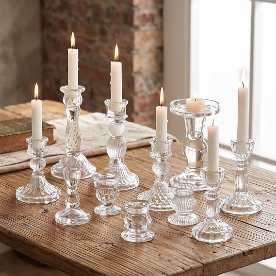 Mumufy 10 Pcs Glass Taper Crystal Candle Holders,Classic,Clear